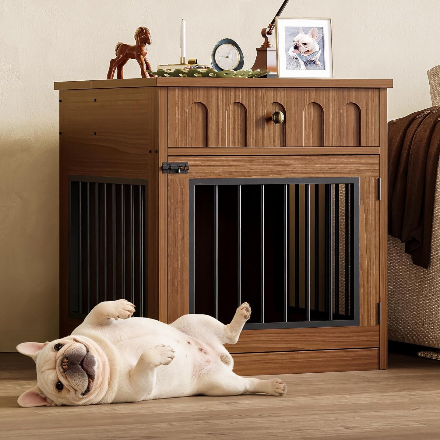 IRONCK Dog Crate Furniture, Wooden Dog Crate with Drawer and Flip-Top Storage, Walnut