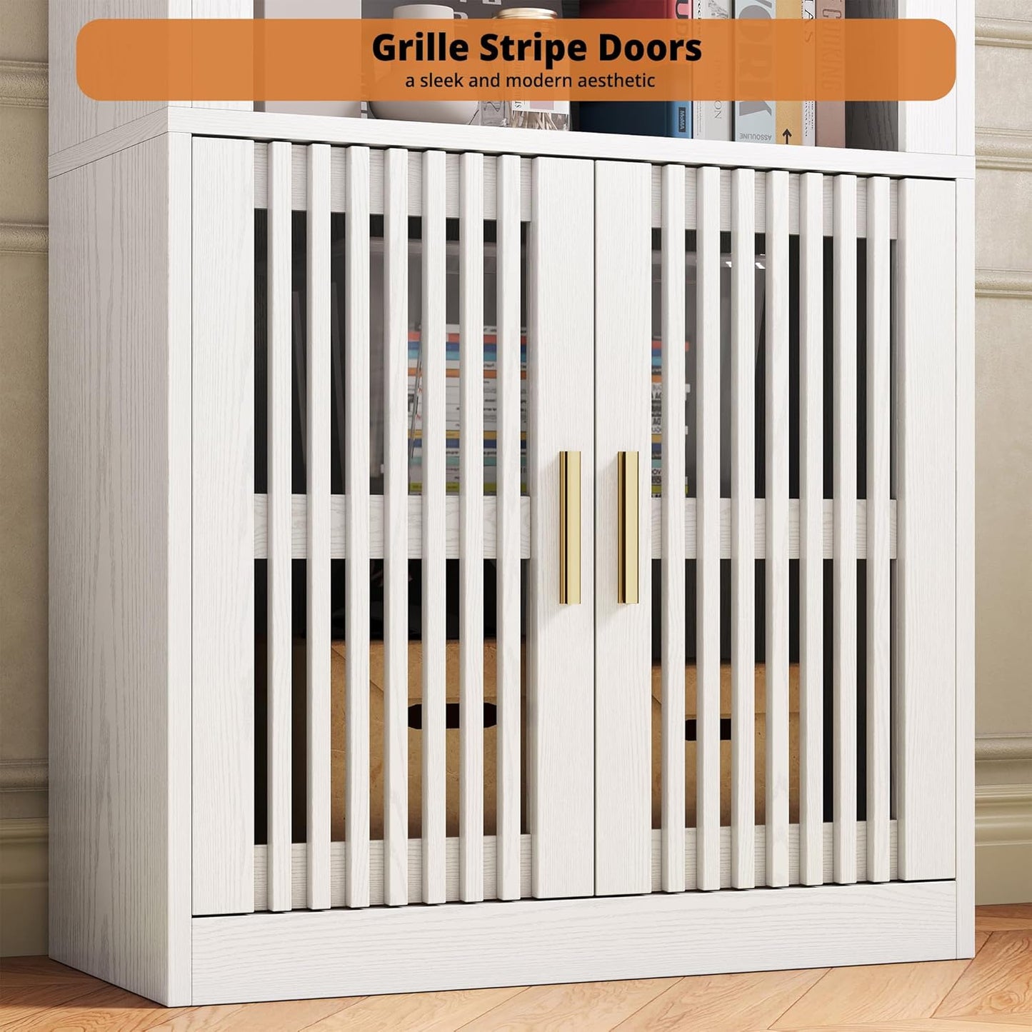 IRONCK Mid-Century Book Shelf, 6-Tier Floor Standing Bookcase with Grille Doors, Tall Storage Shelves for Display & Organizing, Suitable for Home Office, Living Room (White)