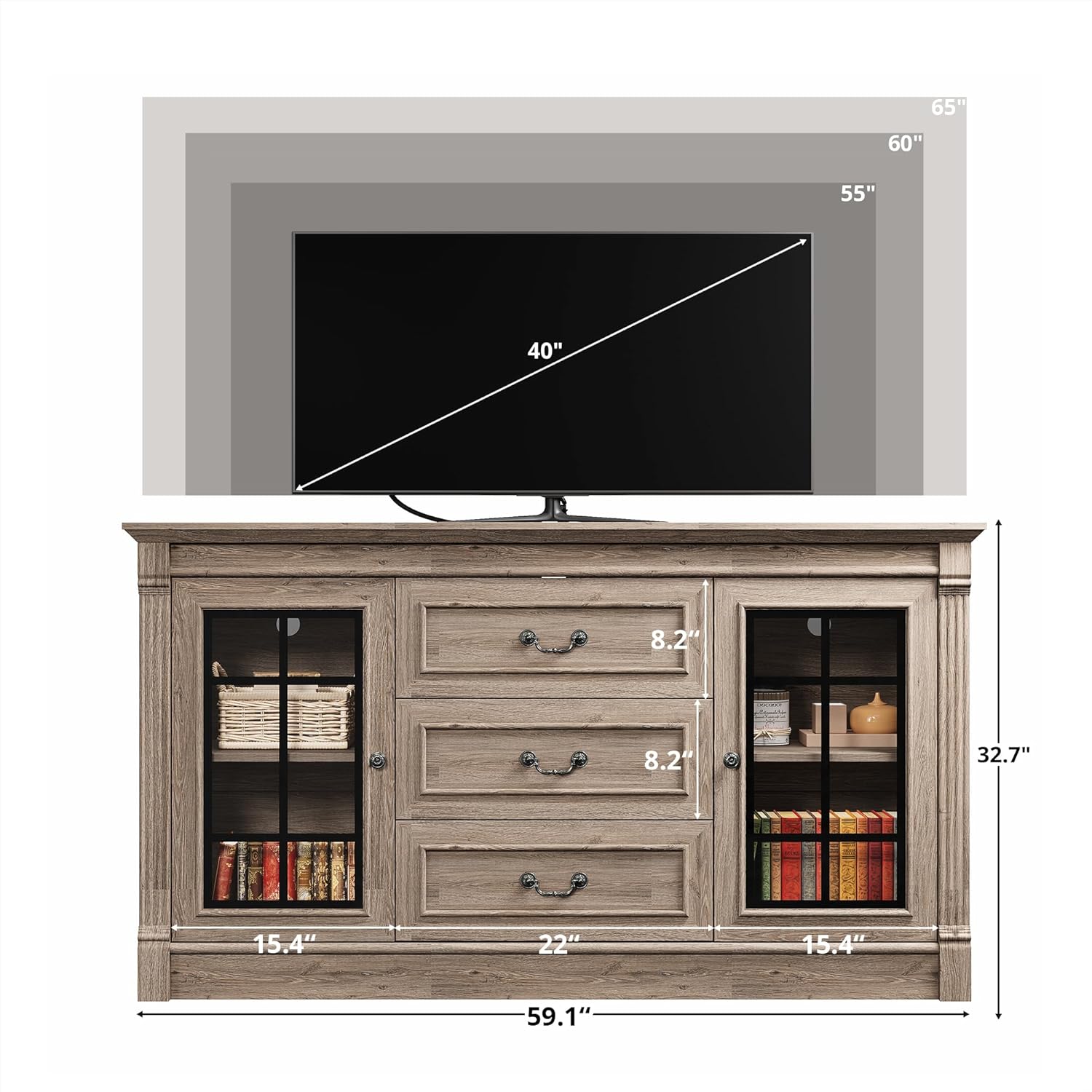 IRONCK Farmhouse TV Stand for 65 Inch TV with Outlets, Light Rustic Oak
