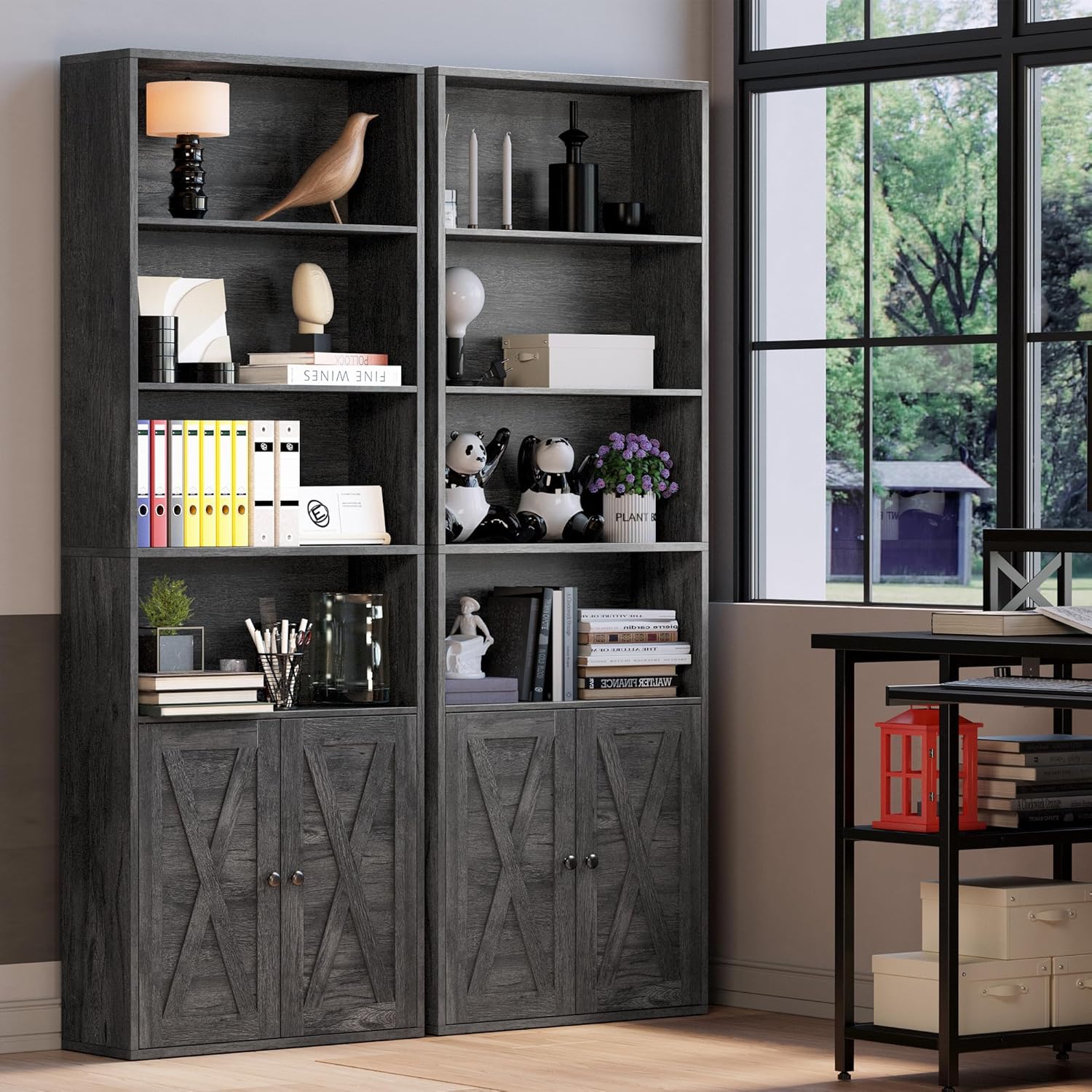 IRONCK Industrial 70 in Bookshelves and Bookcases with Doors Floor Standing 6 Shelf, Charcoal Grey