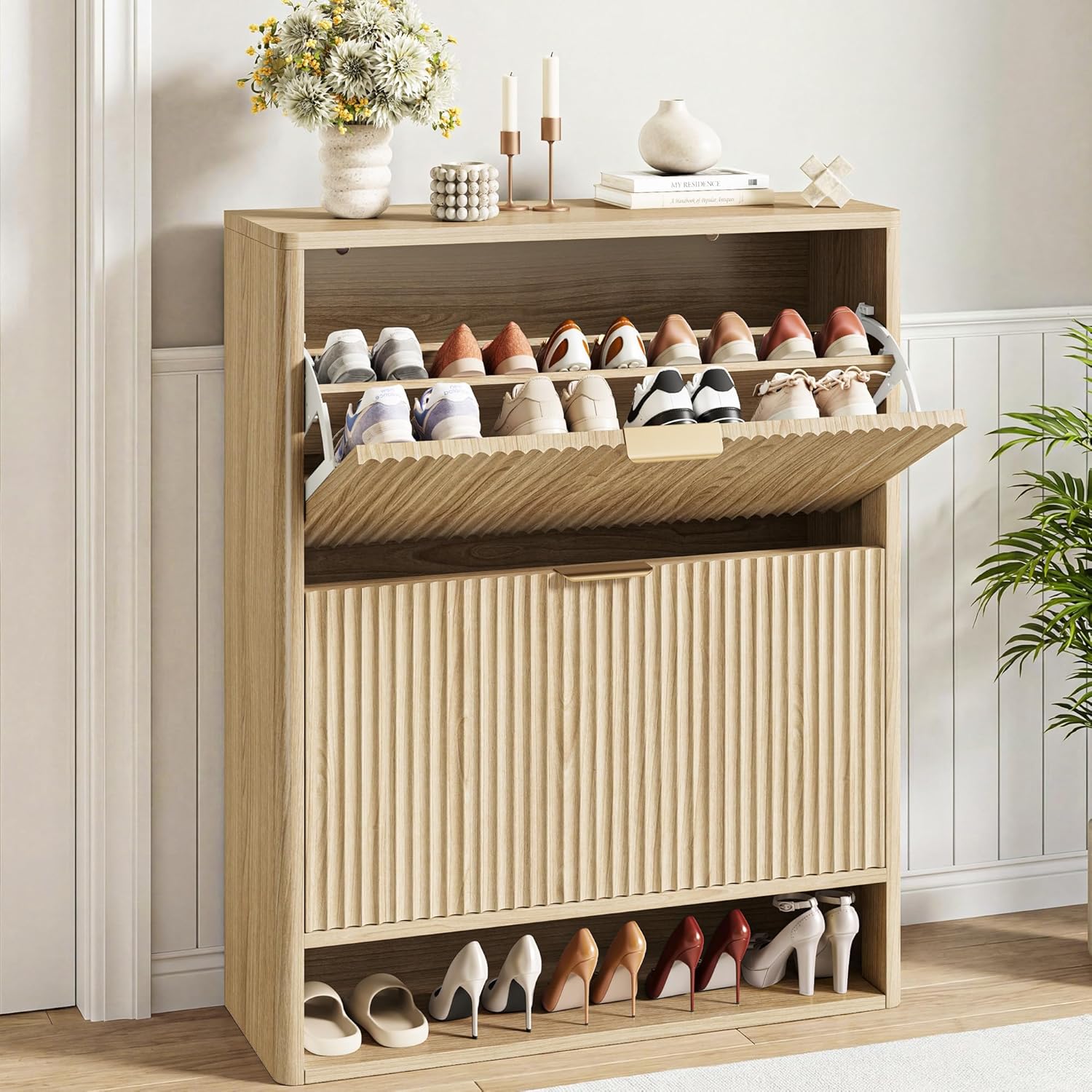 IRONCK Fluted Shoe Cabinet Storage with 2 Flip Drawers