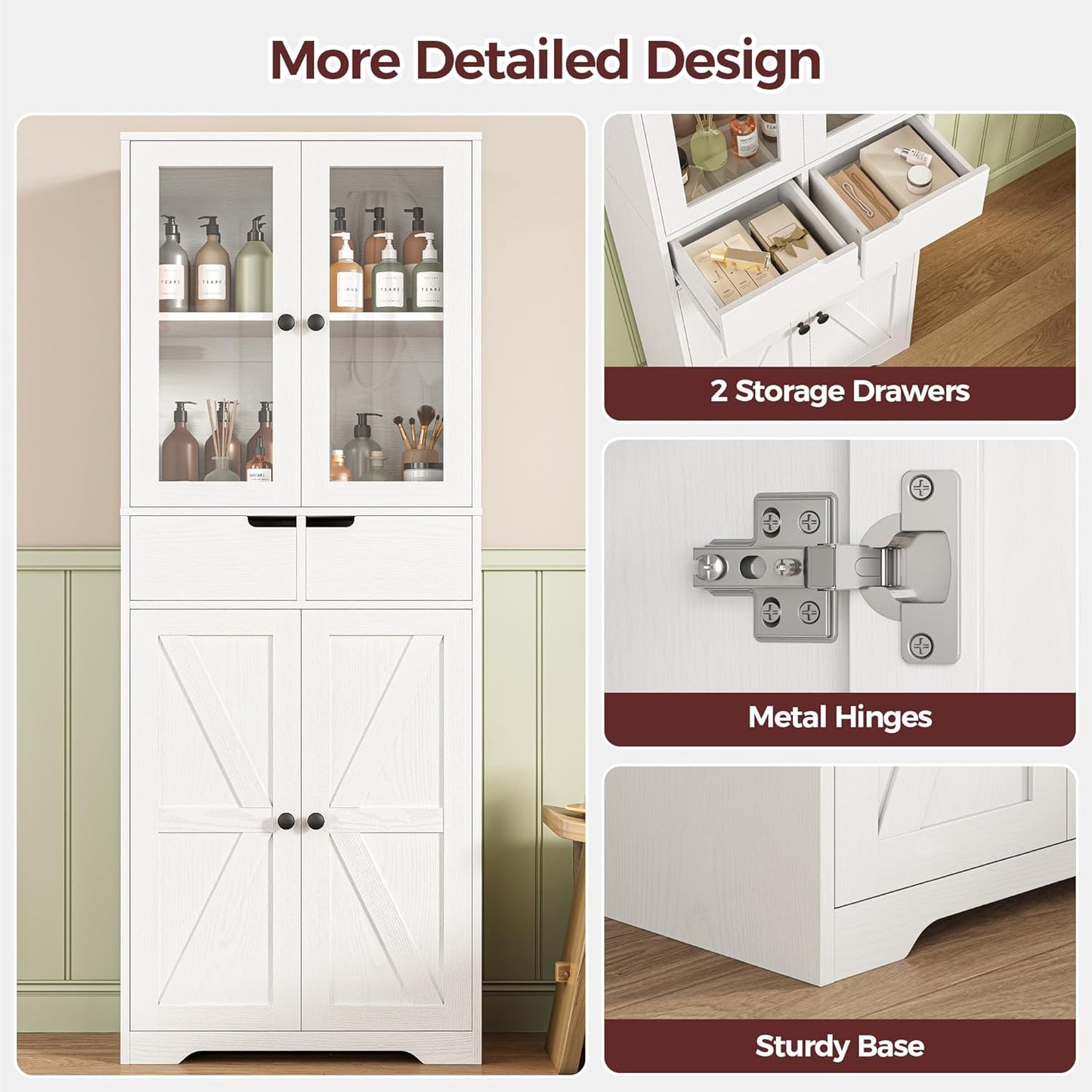 IRONCK 67" Tall Bathroom Storage Cabinet, with Glass Doors and Shelves,  White