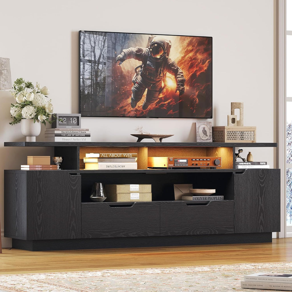 IRONCK TV Stand for TVs 85 inch with Power Outlet and LED Lights, black