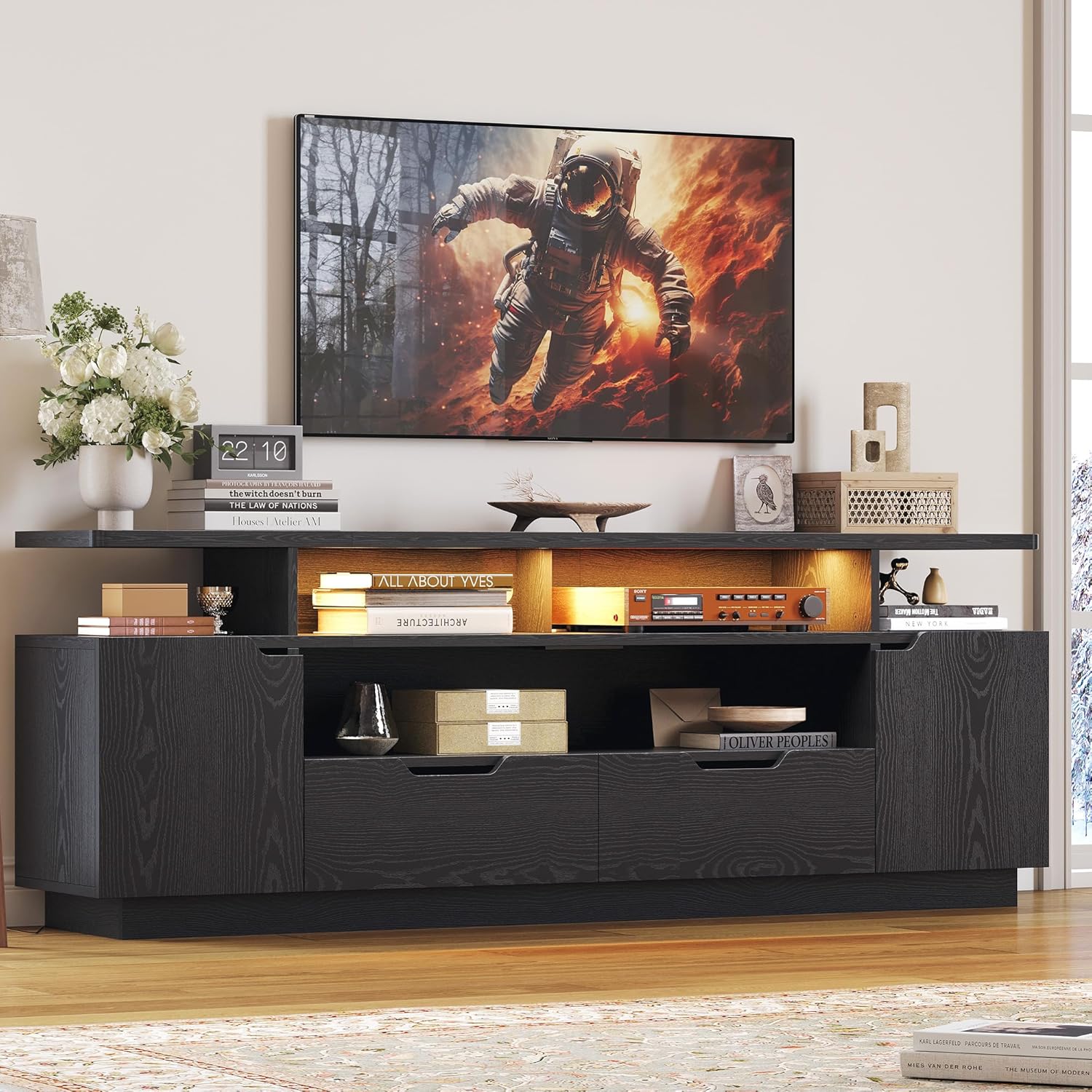 IRONCK TV Stand for TVs 85 inch with Power Outlet and LED Lights, black