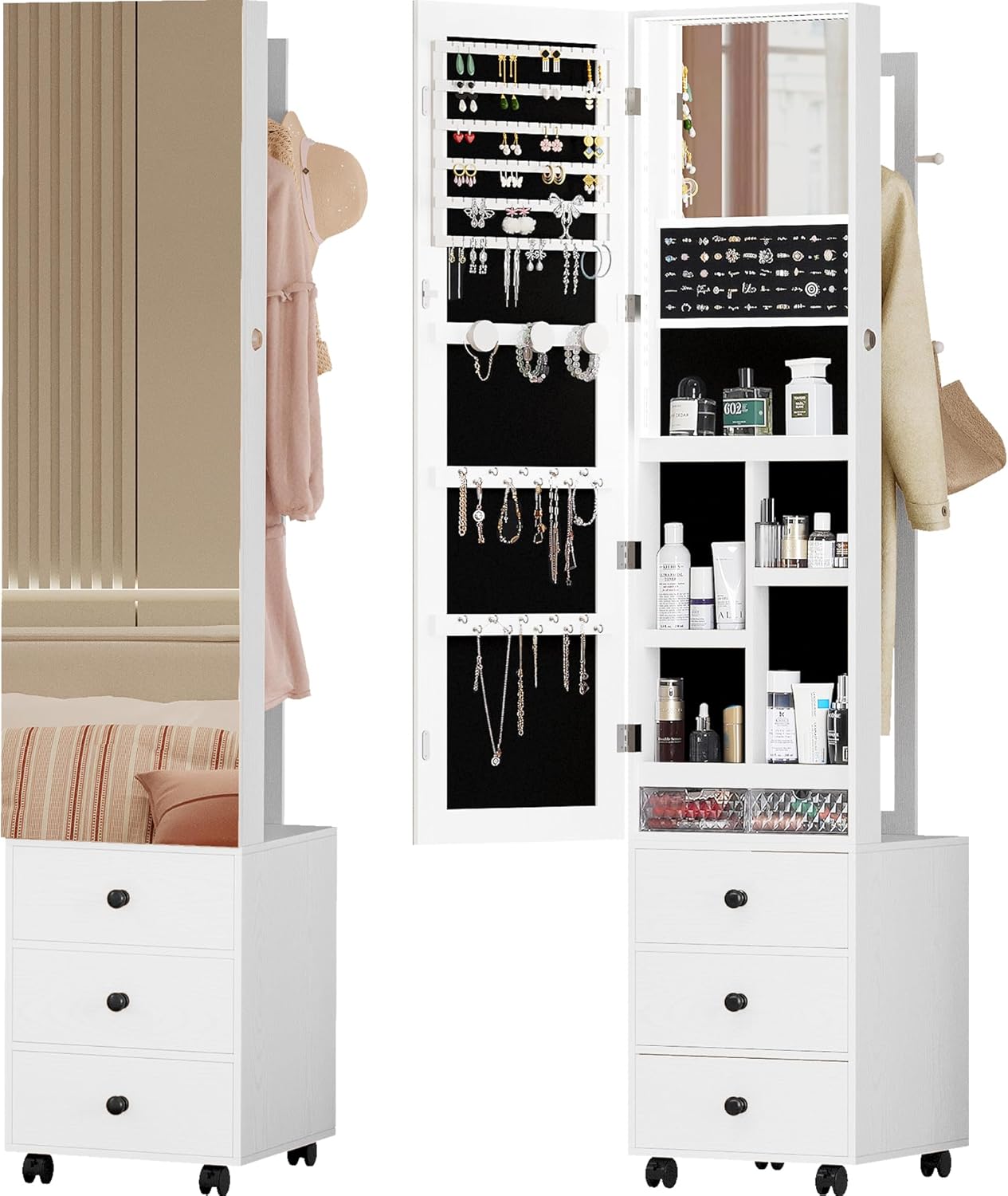 Jewelry Armoire with Mirror & 3 Drawers - Lockable Organizer on Wheels,White