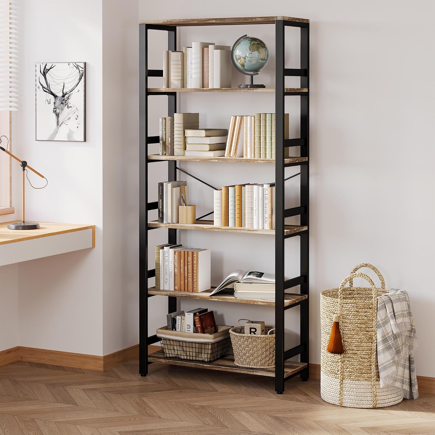 IRONCK Bookshelf, 31.5in Wide Shelf 6 Tier Bookcase,shelf Vintage