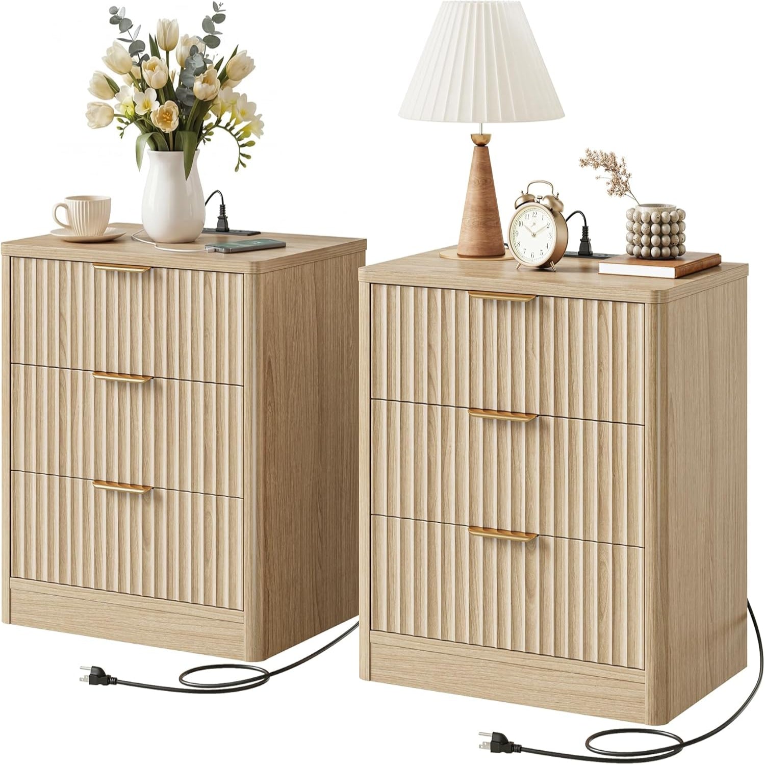 IRONCK 22" Fluted Night Stand Set of 2, with Charging Station