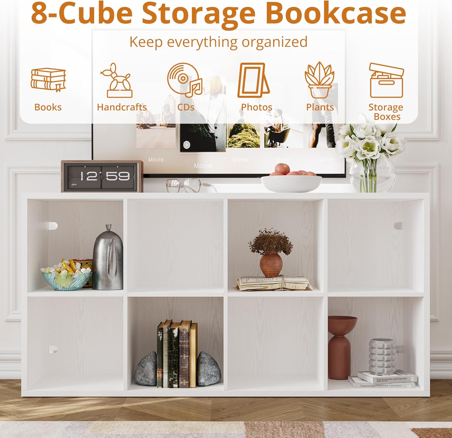 IROCNK 8-Cube Bookshelf, Horizontally & Vertically Reversible, White