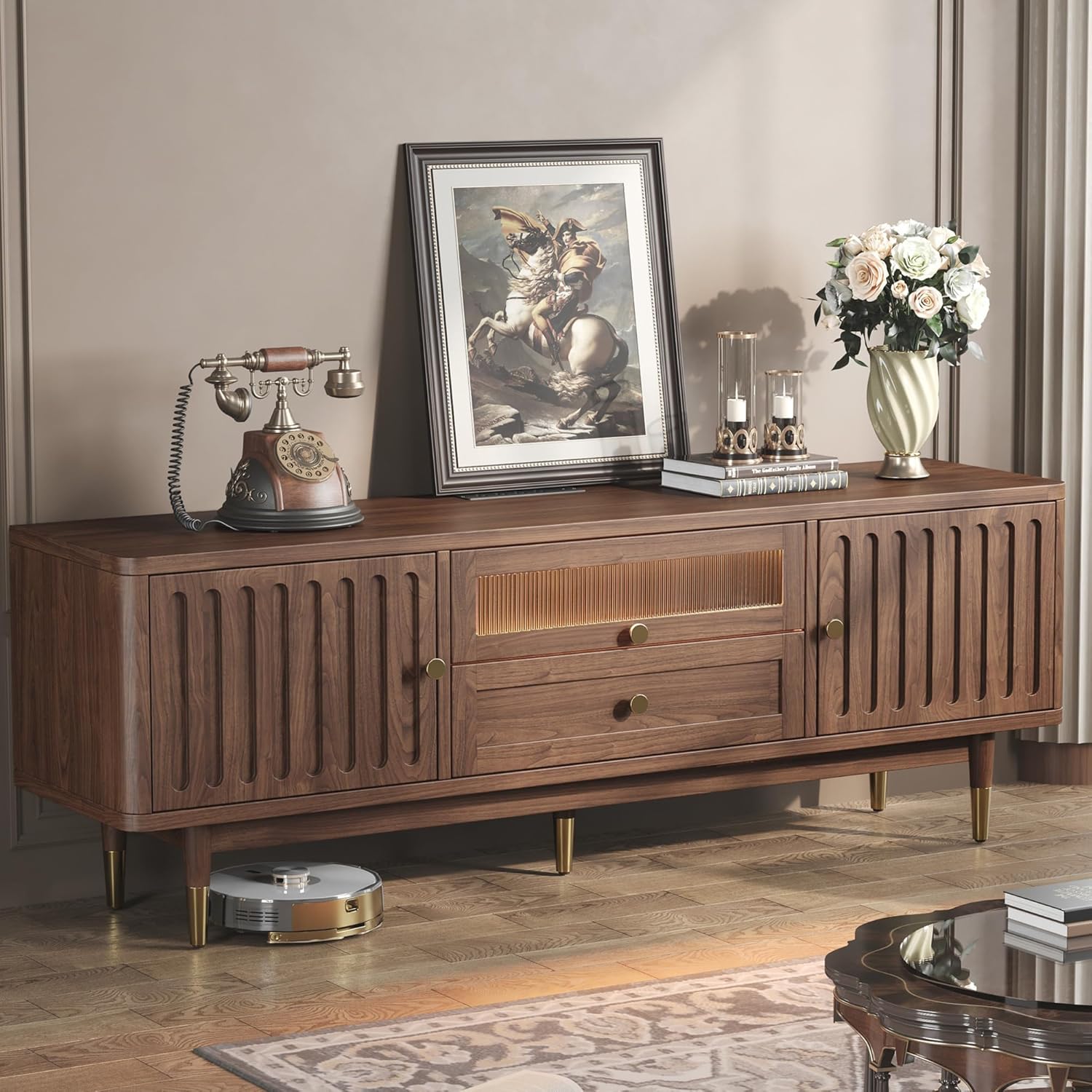 IRONCK TV Stand for 70 Inch TV, LED Lighting and Charging Station, Walnut