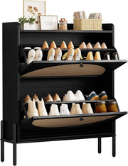 7 Furniture Shoe Cabinet Storage with 2 Flip Drawers, Free Standing Wooden Shoe Storage Organizer Cabinet with Rattan Doors for Entryway, Narrow Shoe Rack Cabinet, Oak