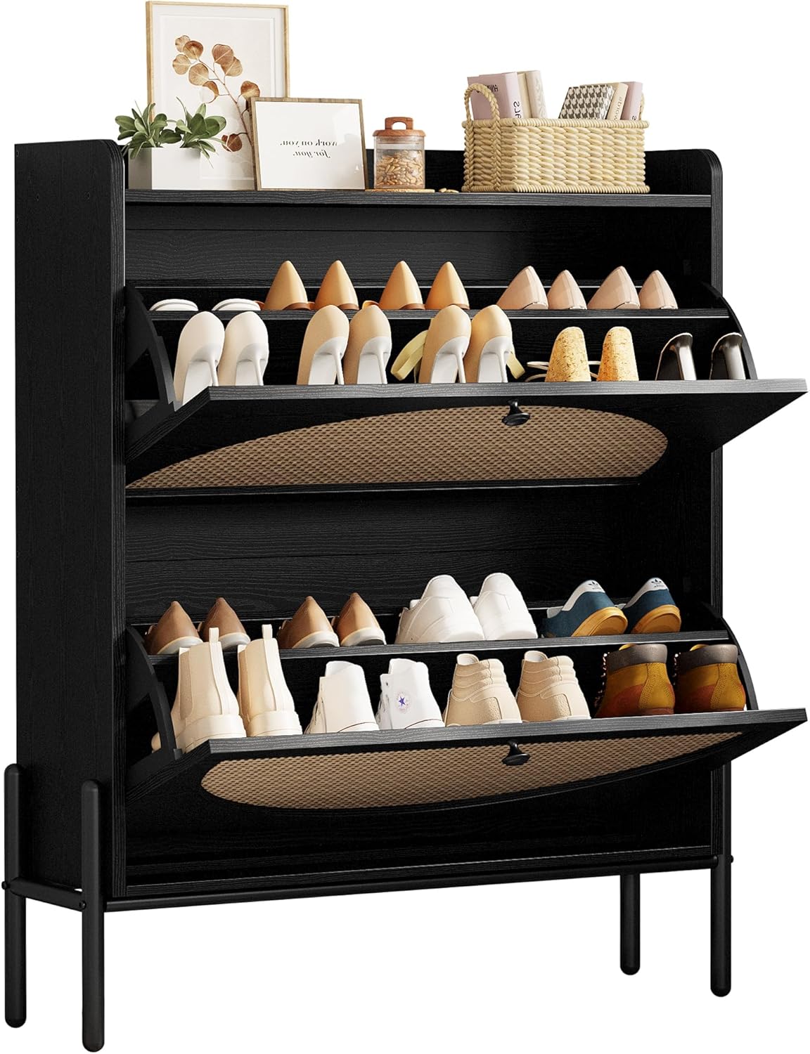 7 Furniture Shoe Cabinet Storage with 2 Flip Drawers, Free Standing Wooden Shoe Storage Organizer Cabinet with Rattan Doors for Entryway, Narrow Shoe Rack Cabinet, Oak