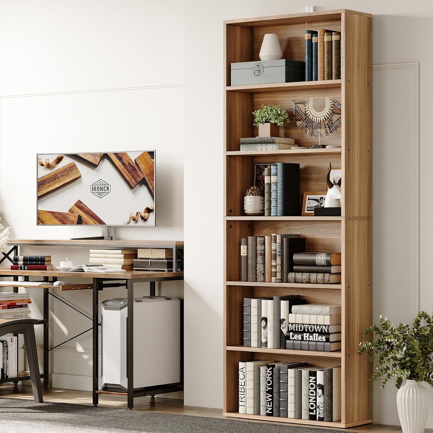IRONCK Bookshelves and Bookcases Floor Standing 6 Tiers, Oak Brown