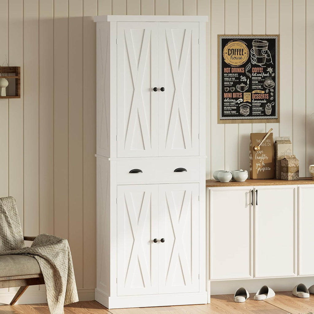 IRONCK Kitchen Pantry Storage Cabinet 72.6" H x 24" W, White | Freestanding Storage Cabinet with Barn Doors, Drawer, and 4 Adjustable Shelves for Laundry Rooms