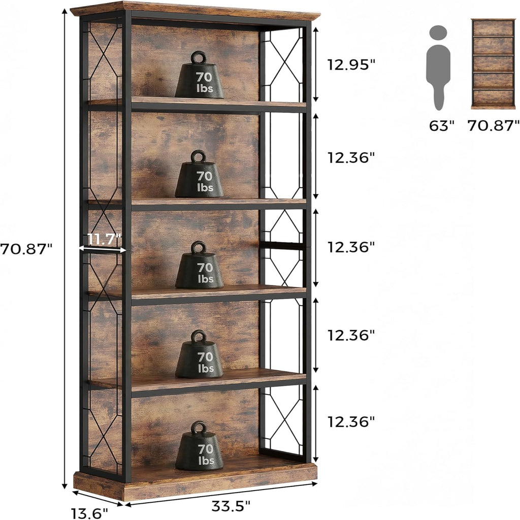 IRONCK 71 Inch5 Tier Industrial  Wood Freestanding BookShelf, Rustic Brown