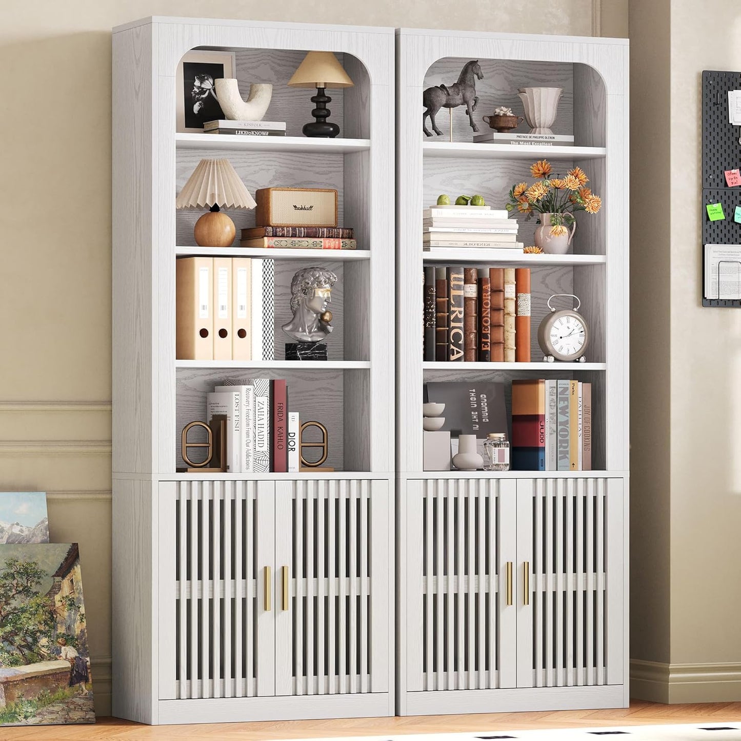 IRONCK Mid-Century Book Shelf, 6-Tier Floor Standing Bookcase with Grille Doors, Tall Storage Shelves for Display & Organizing, Suitable for Home Office, Living Room (White)