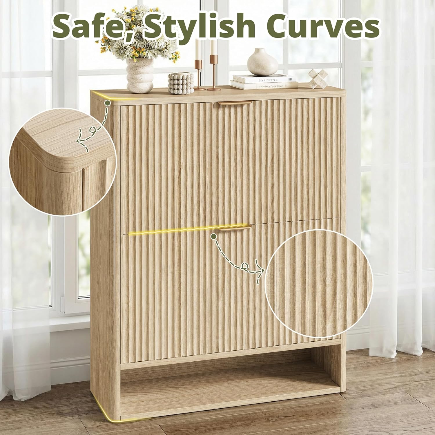 IRONCK Fluted Shoe Cabinet Storage with 2 Flip Drawers