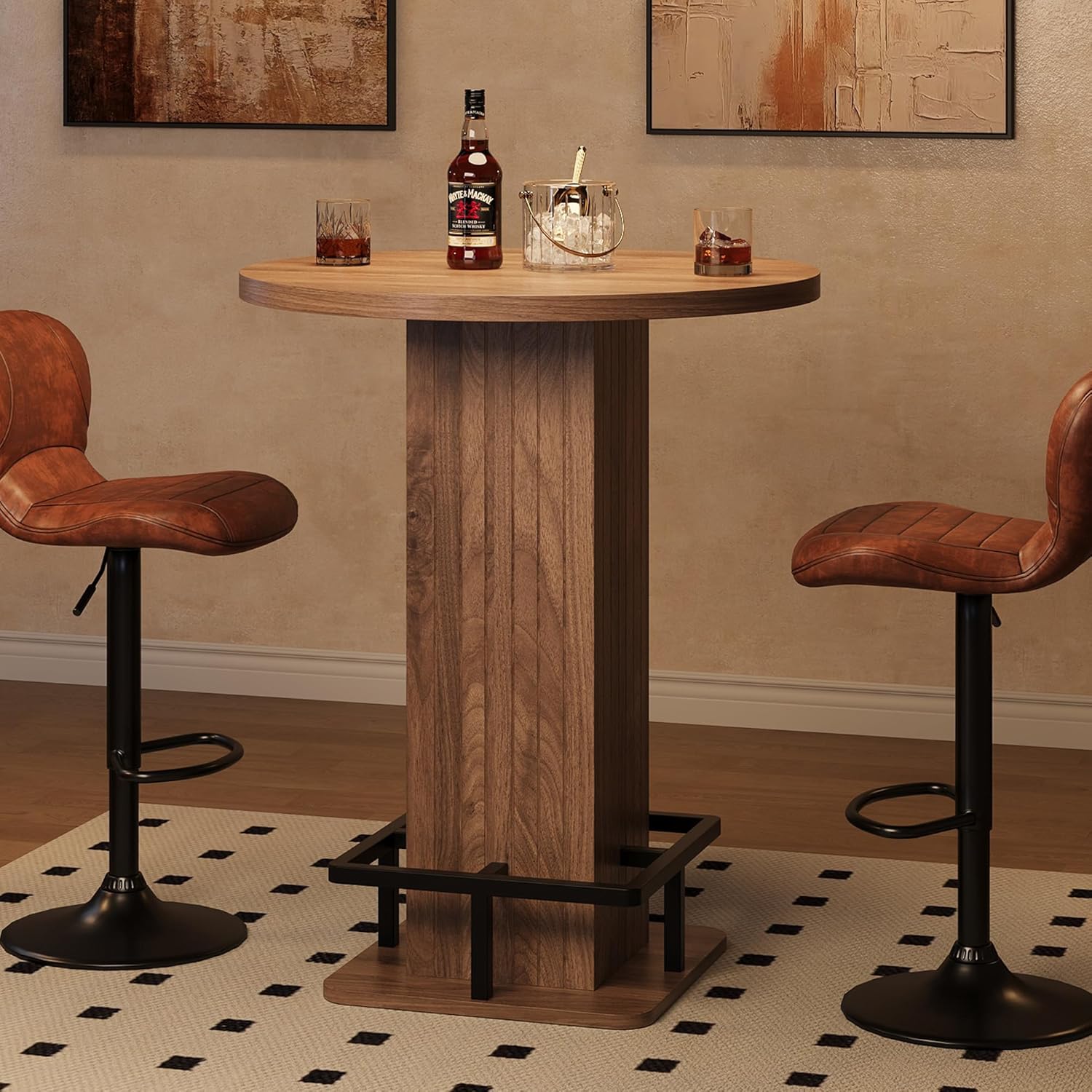 IRONCK 39.4" H Wood Bistro Pub Table with Metal Ring Footrest, Brown(Only Table)