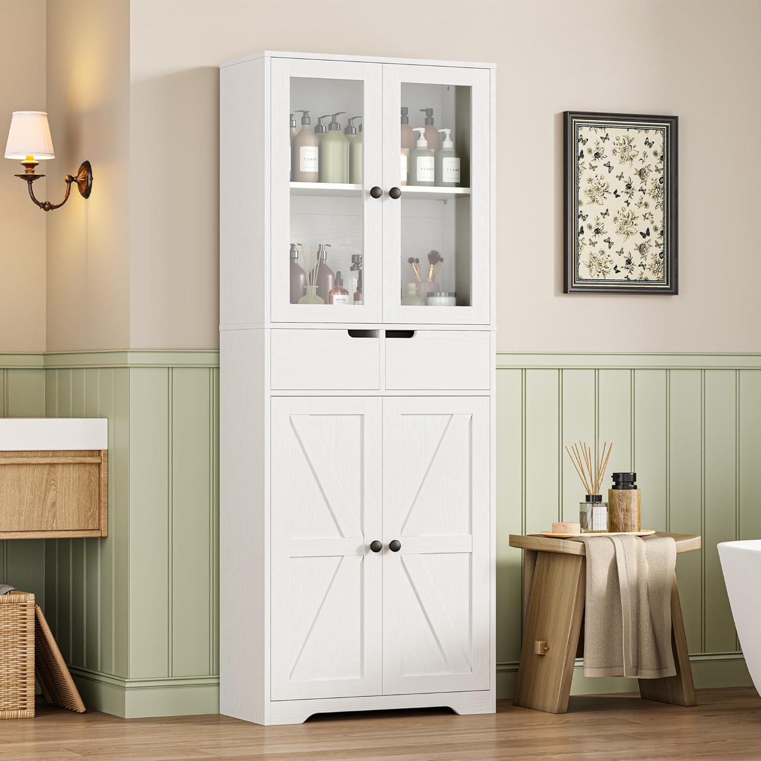 IRONCK 67" Tall Bathroom Storage Cabinet, with Glass Doors and Shelves,  White