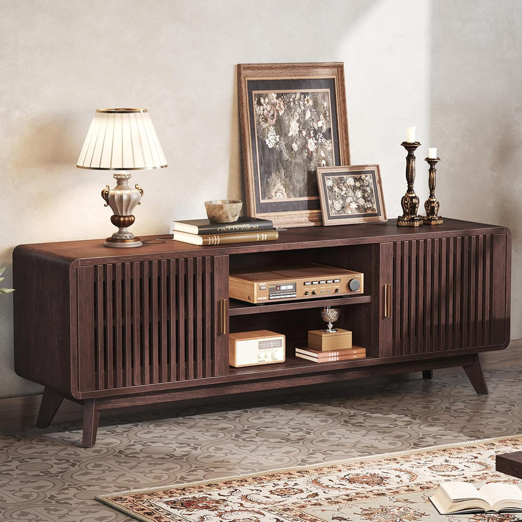 IRONCK 63'' TV Stand, with 2 Sliding Doors, Red Walnut