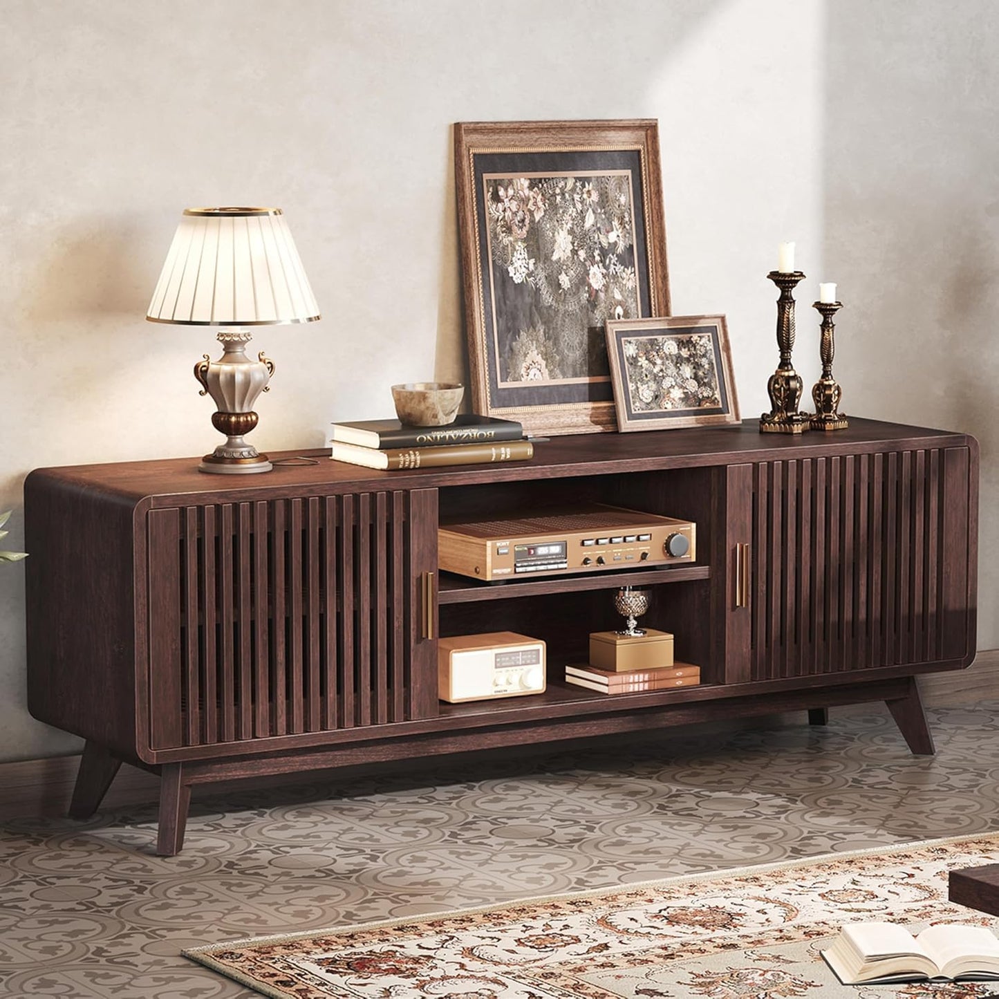 IRONCK 63'' TV Stand for TVs Up to 70", TV Console with 2 Sliding Doors, Red Walnut