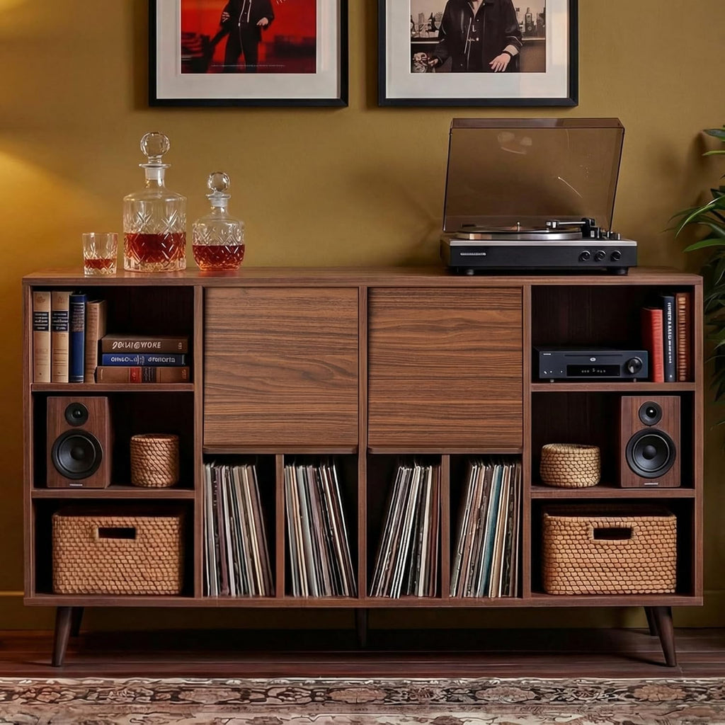 IRONCK Large Record Player Stand 55" with Charging Station, Brown