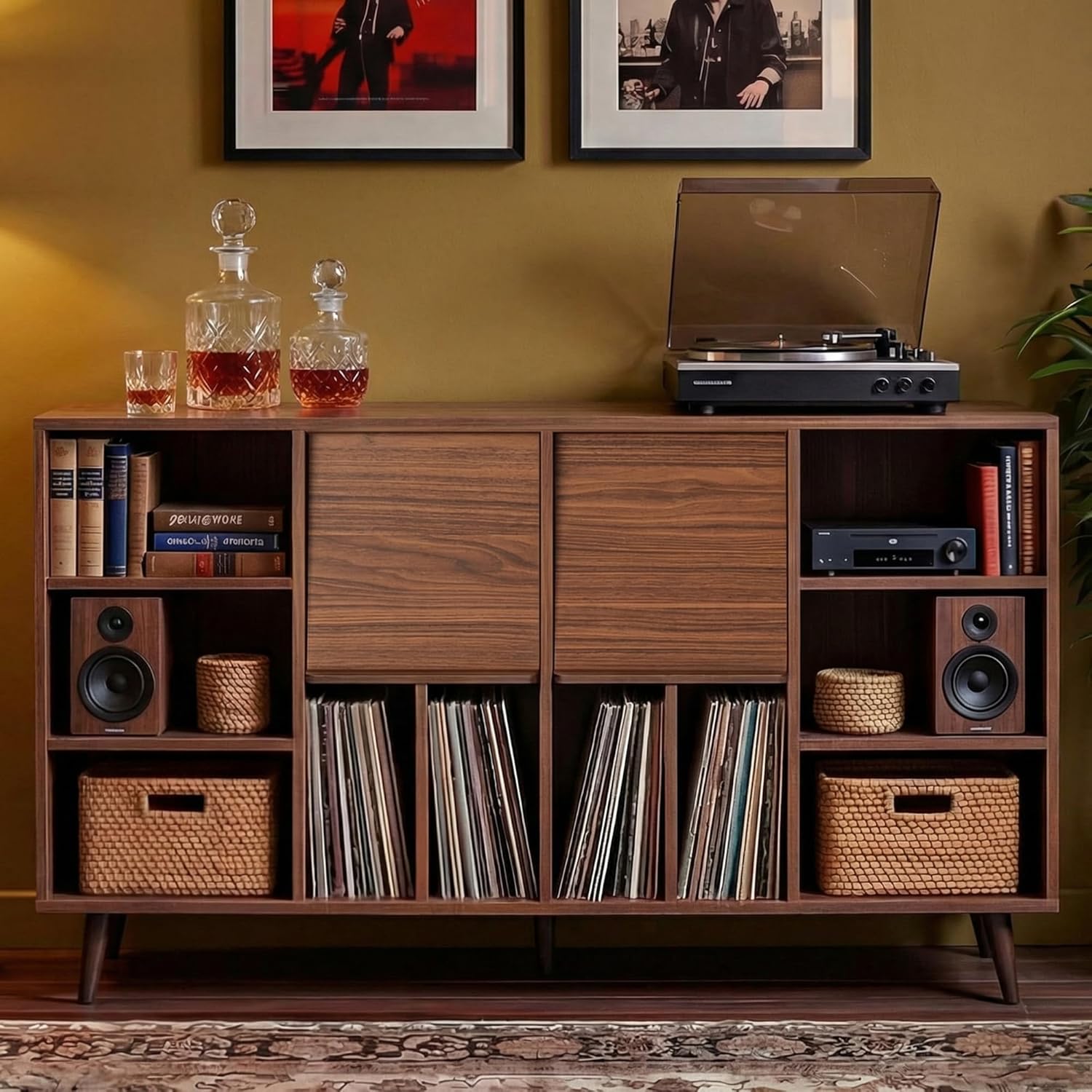 IRONCK Large Record Player Stand 55" with Charging Station, Brown
