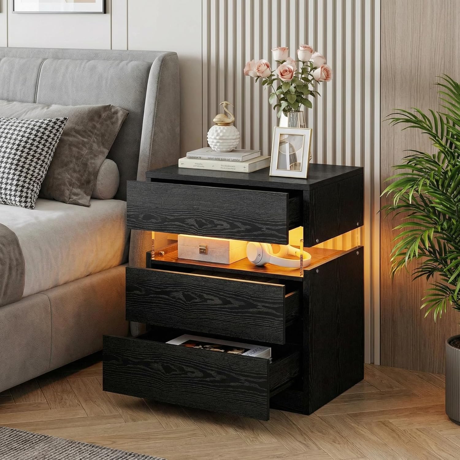 IRONCK Nightstand, Bedside Table with 3 Drawers, Modern Night Stands with LED Light, End Table with Storage for Bedroom, Black