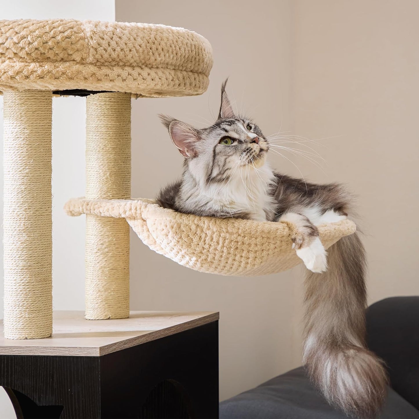 IRONCK Litter Box Enclosure with Cat Tree, 46" Hidden Litter Box with Sisal Scratching Ladder and Storage, Greige