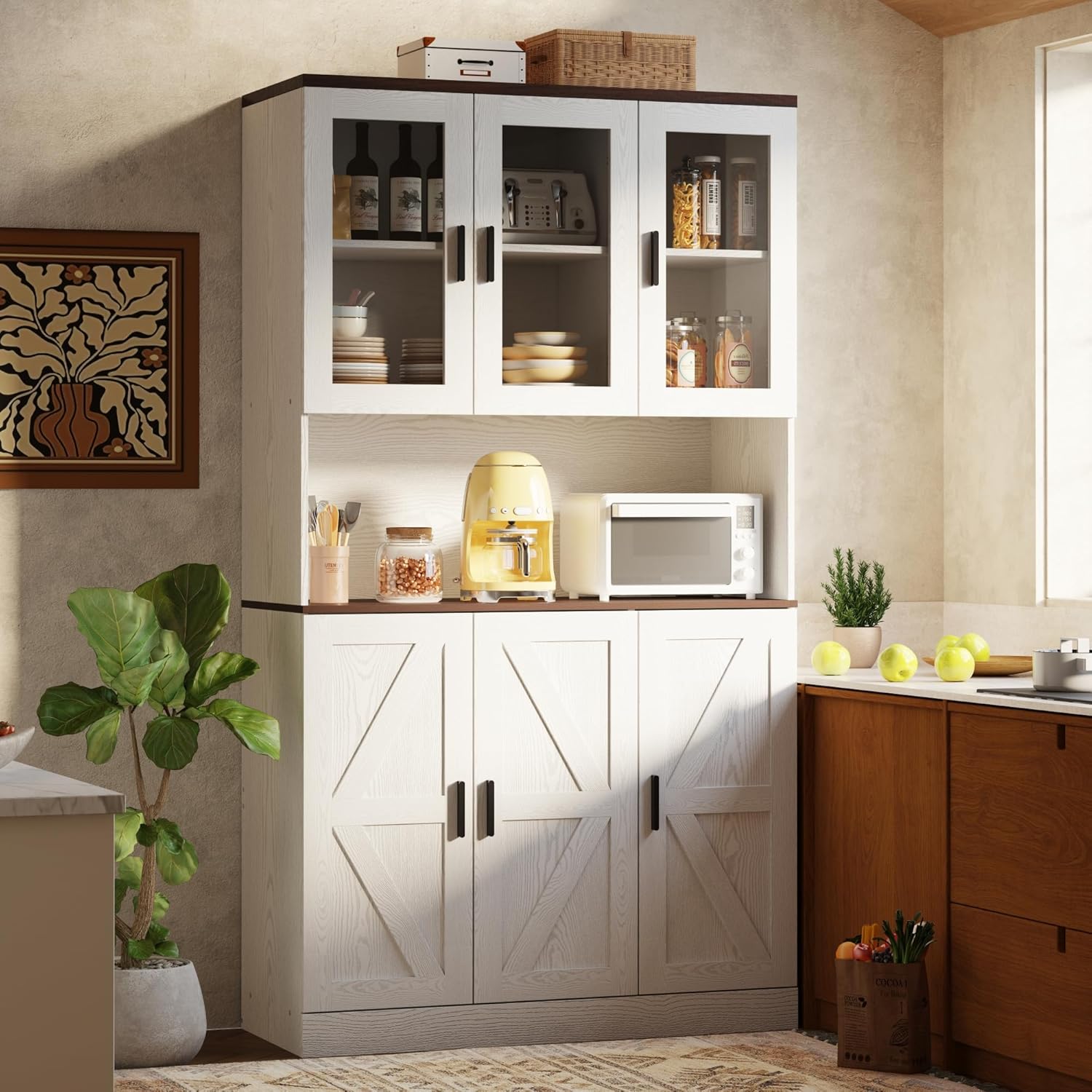 IRONCK 71" Tall Kitchen Pantry Cabinet with Microwave Shelf, White