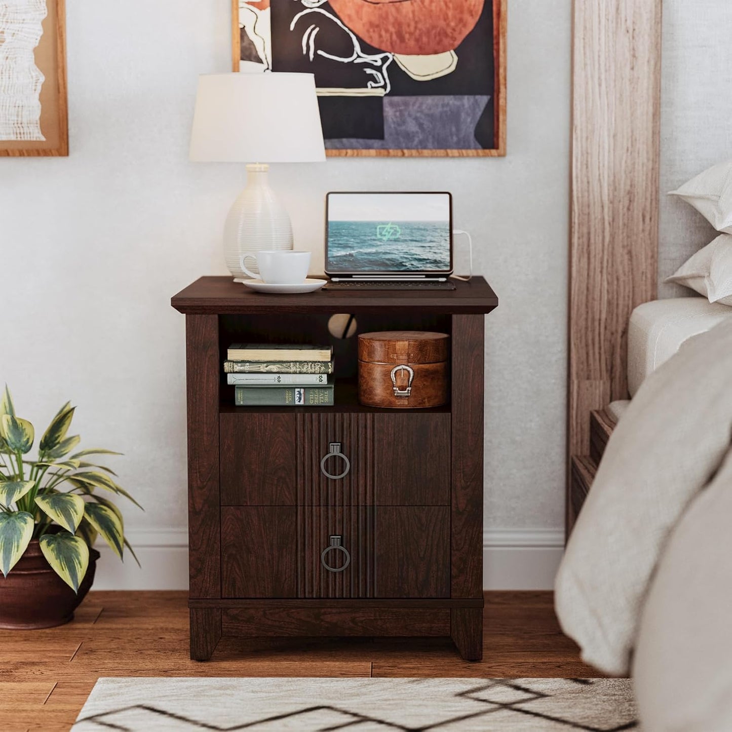 IRONCK Night Stand with Charging Station, Bedside Table with 2 Drawers and 1 Open Shelf