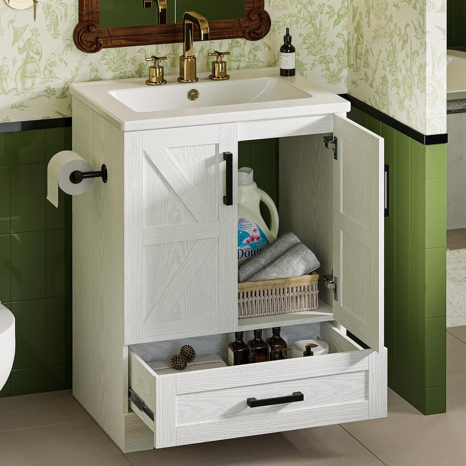 IRONCK 24" Wood Fixture Stand Bathroom Vanity with Sink, Easy Assembly