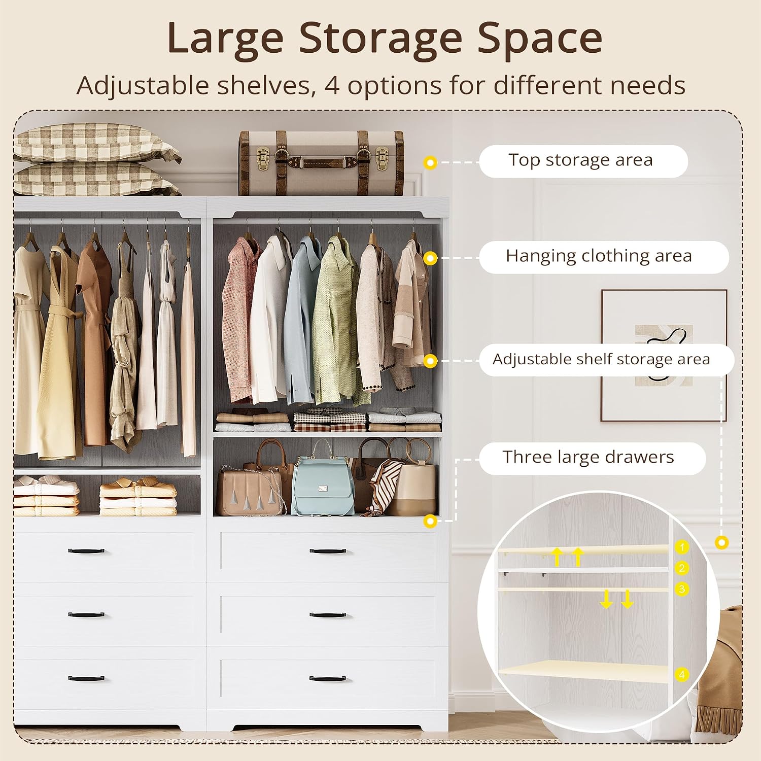 IRONCK Freestanding Closet System with Adjustable Shelves & 3 Drawers | Closet Organizer with Hanging Rod, Ideal for Bedrooms, Apartments and Small Closet Storage, 31.5" White