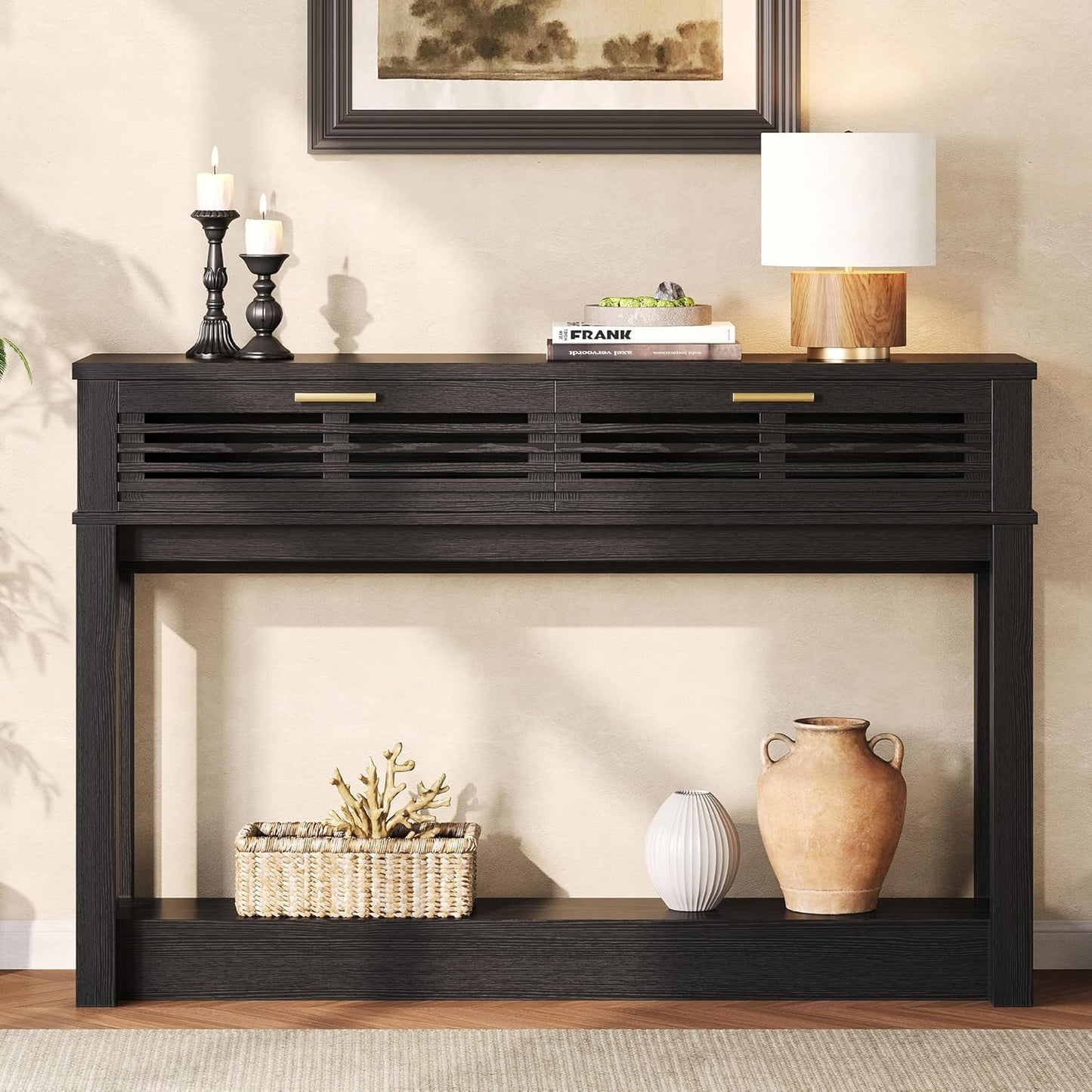 IRONCK Entryway Table, 47" Console Table with Drawer for Living Room, Wooden Sofa Table with Storage, Mid Century Modern, Black