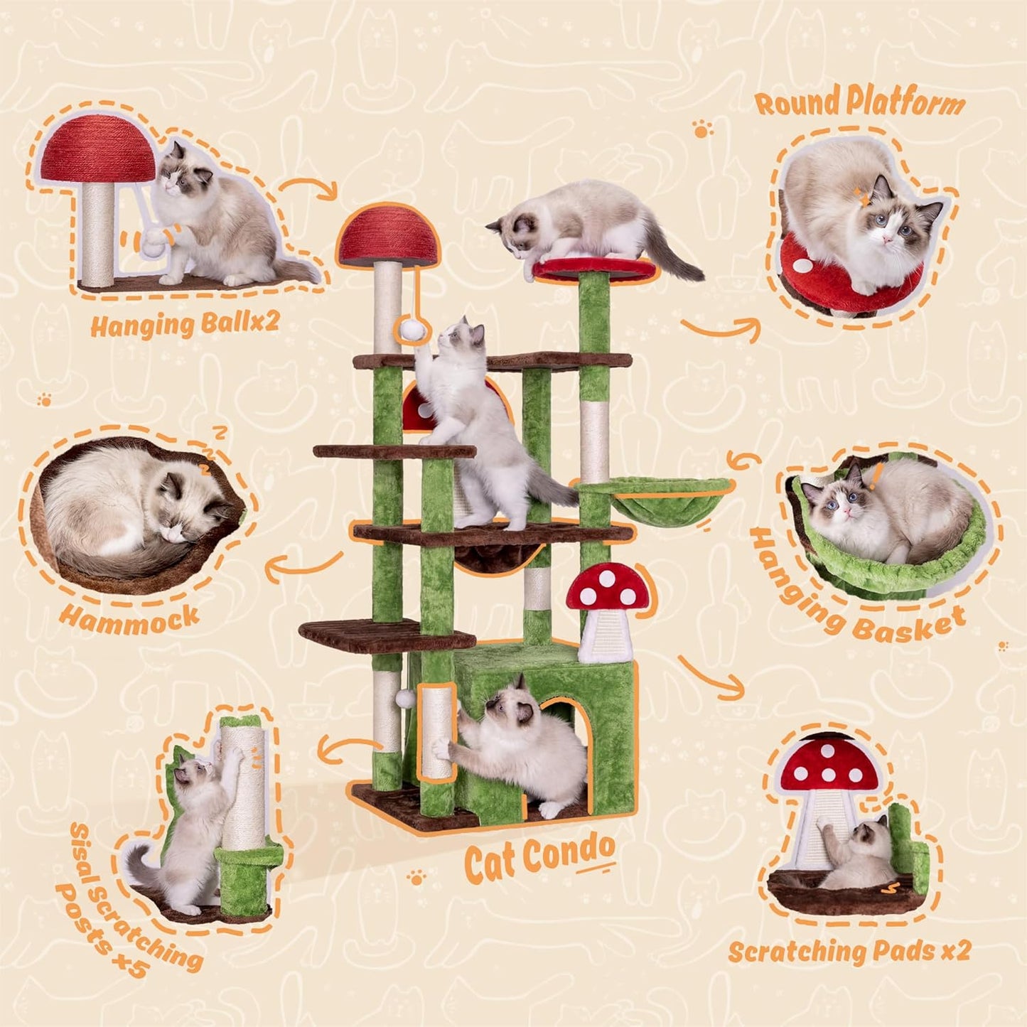 7 Furniture Mushroom Cat Tree for Indoor Cats, 58" Multi-Level Cat Tower with Scratching Posts, Anti-Tip Extra Wide Base, Plush Cat Condo & Hammock Furniture for Cats, Easy Assembly