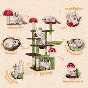 7 Furniture Mushroom Cat Tree for Indoor Cats, 58" Multi-Level Cat Tower with Scratching Posts, Anti-Tip Extra Wide Base, Plush Cat Condo & Hammock Furniture for Cats, Easy Assembly
