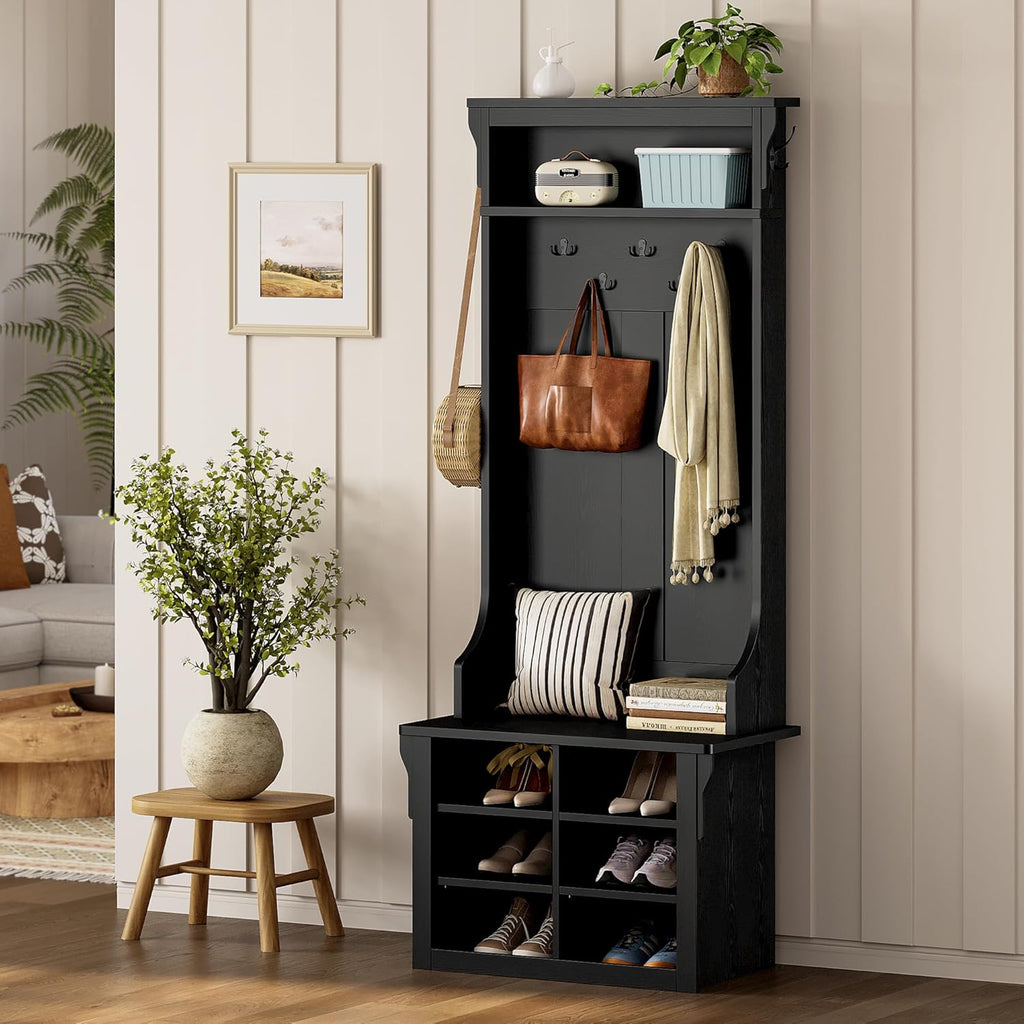 IRONCK Hall Tree with Bench and Shoe Storage, Coat Rack, Adjustable Shelf, Black