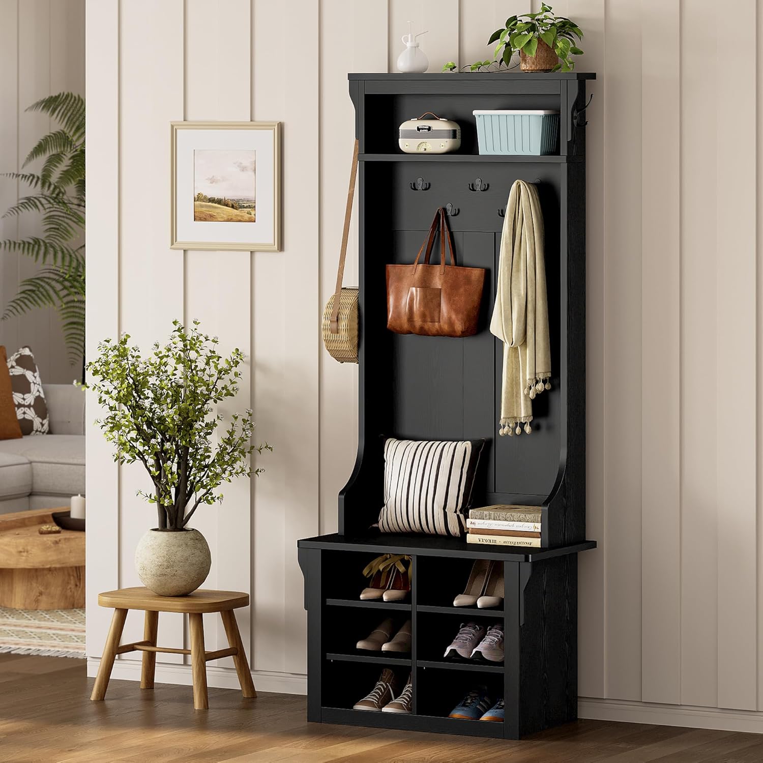 IRONCK Hall Tree with Bench and Shoe Storage, Coat Rack, Adjustable Shelf, Black