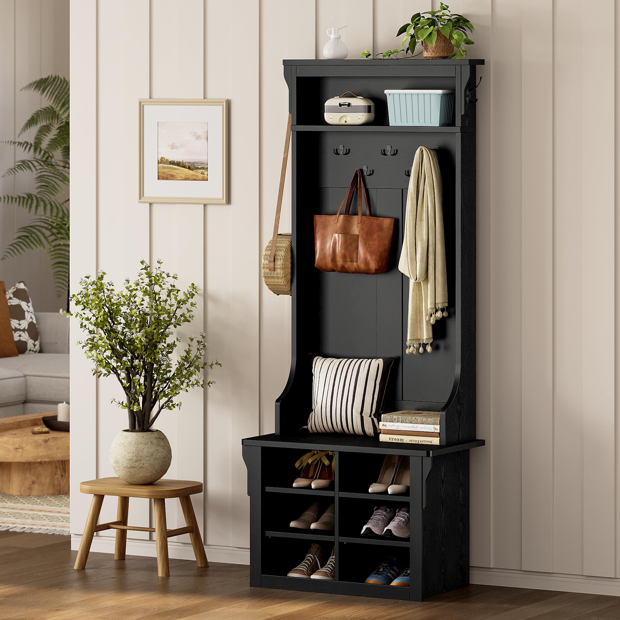 IRONCK Hall Tree with Bench and Shoe Storage, Coat Rack, Adjustable Shelf, Black