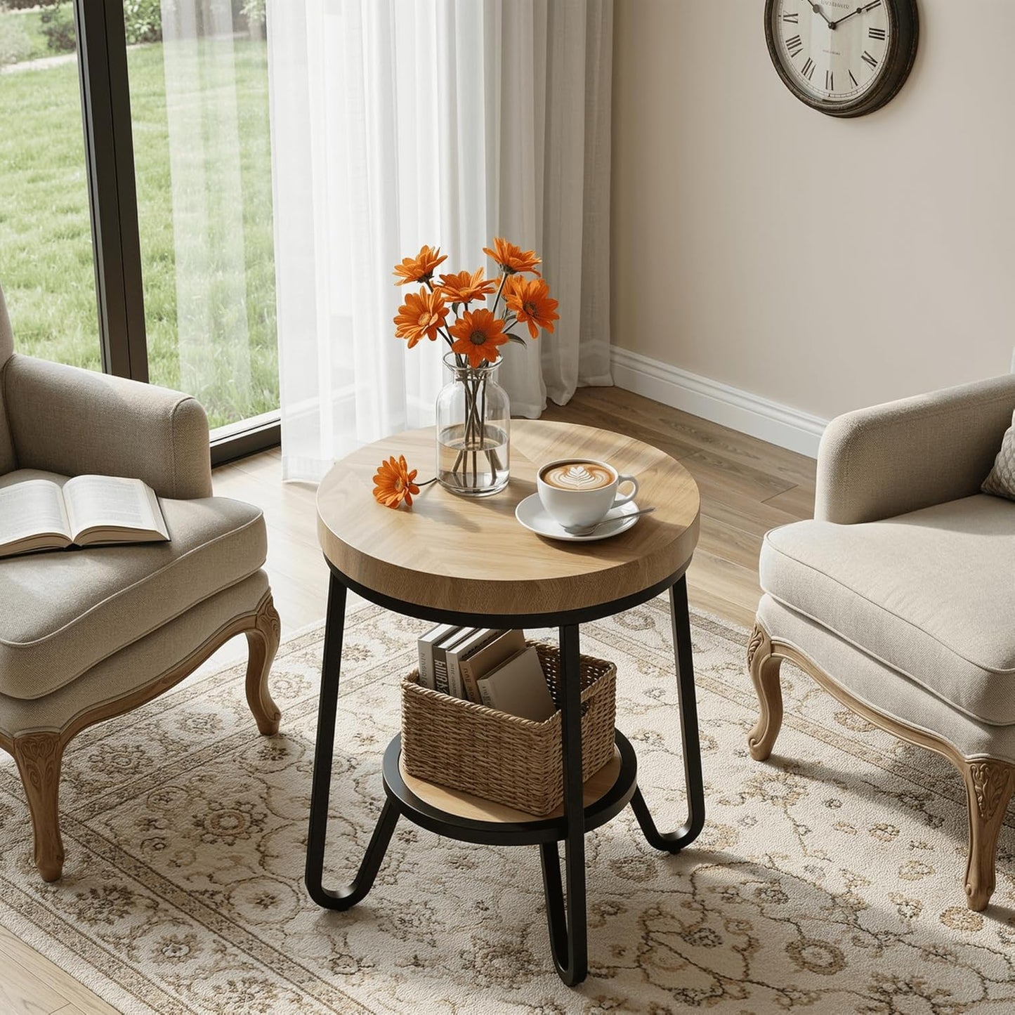 IRONCK 19.7" 2 Tier Round Side Table, Curved Metal Legs, Light Brown