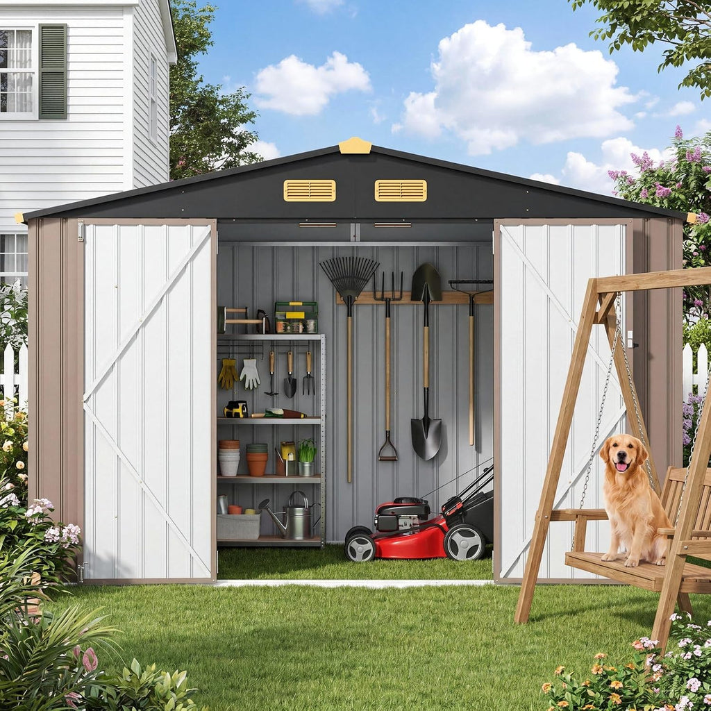 IRONCK Storage Shed, 9.7 x 7.7 FT Tool Shed with Lockable Doors, Brown Galvanized Steel Metal, Breathable Vent, Garden Shed for Yard Bins, Wheelbarrow, Generator