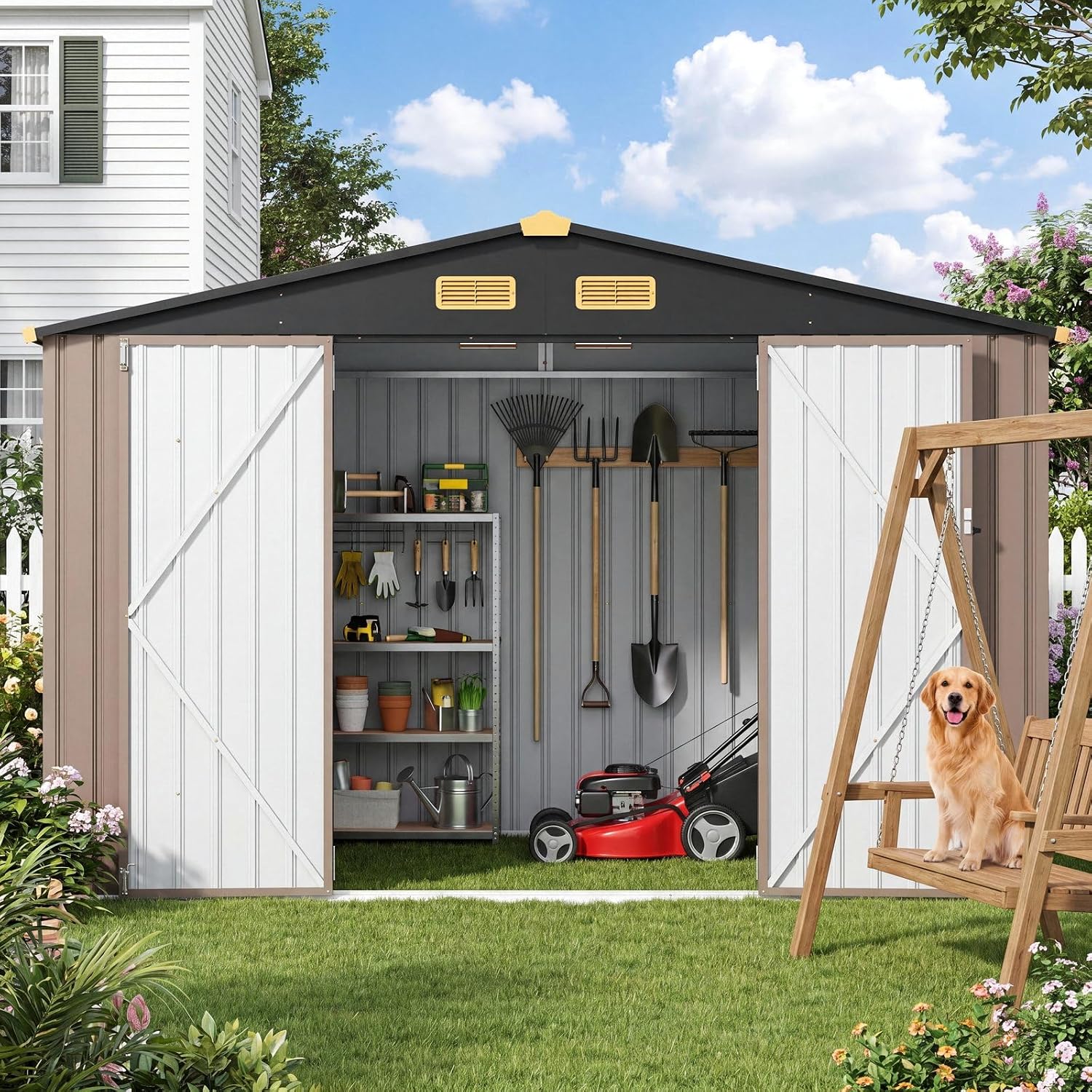 IRONCK Storage Shed, 9.7 x 7.7 FT Tool Shed with Lockable Doors, Brown Galvanized Steel Metal, Breathable Vent, Garden Shed for Yard Bins, Wheelbarrow, Generator