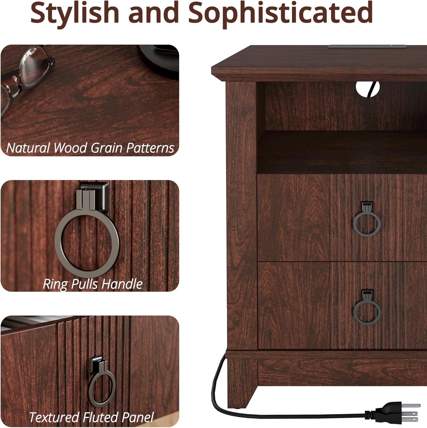 IRONCK Night Stand with Charging Station, Bedside Table with 2 Drawers and 1 Open Shelf