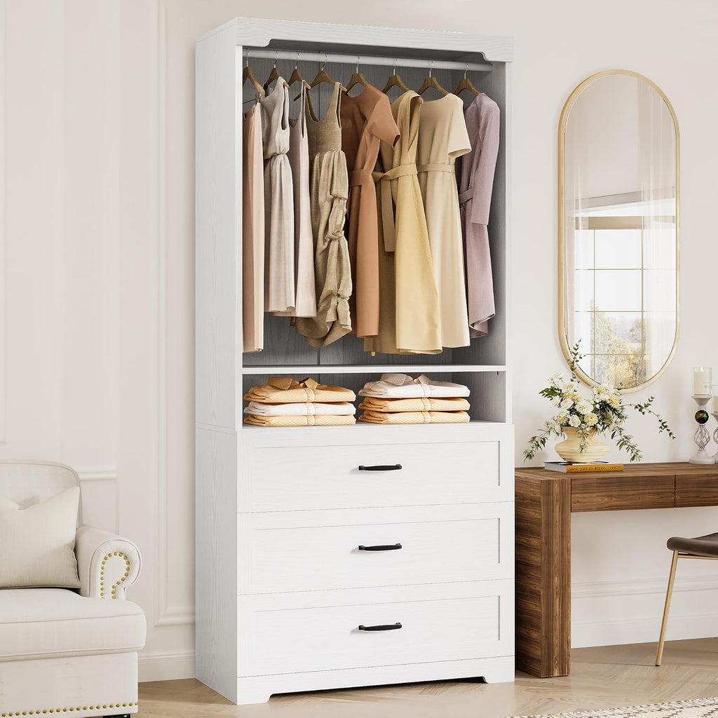 IRONCK Freestanding Closet System with Adjustable Shelves & 3 Drawers | Closet Organizer with Hanging Rod, Ideal for Bedrooms, Apartments and Small Closet Storage, 31.5" White