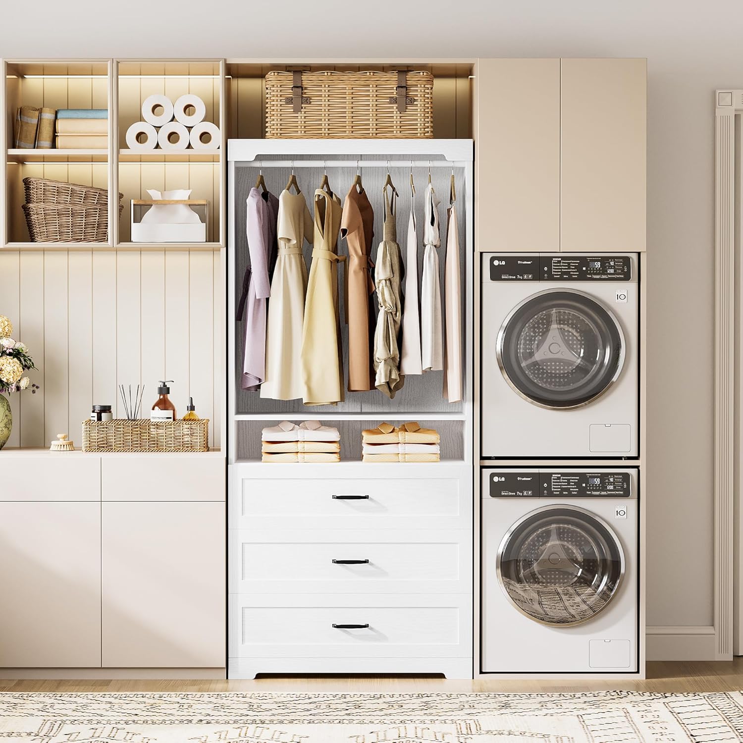 IRONCK Freestanding Closet System with Adjustable Shelves & 3 Drawers | Closet Organizer with Hanging Rod, Ideal for Bedrooms, Apartments and Small Closet Storage, 31.5" White