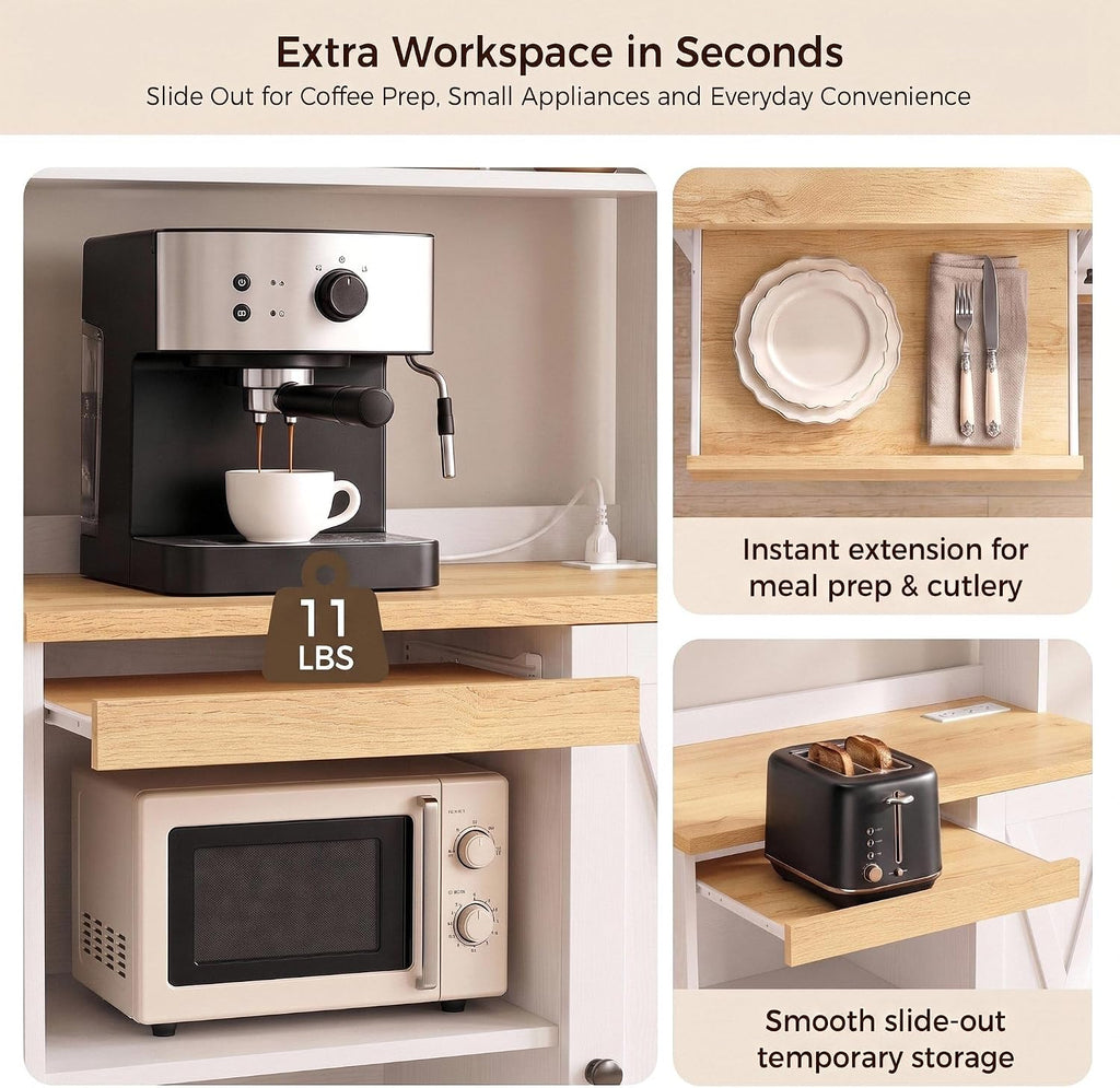 IRONCK Bakers Rack with Pull-Out Shelf and Power Outlet, White | Microwave Stand with Storage, Coffee Bar Cabinet with Adjustable Shelves, Barn Door Pantry Cabinet for Kitchen Dining Room