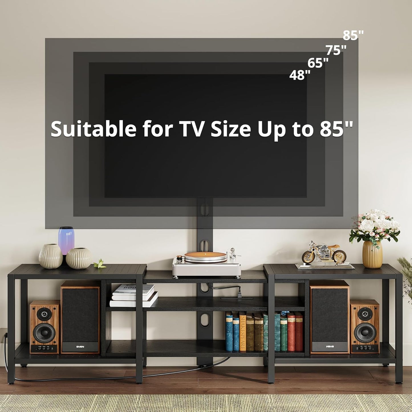 IRONCK 79 Inch TV Stand for TVs up to 85 Inch with Mount and Power Outlet, Black