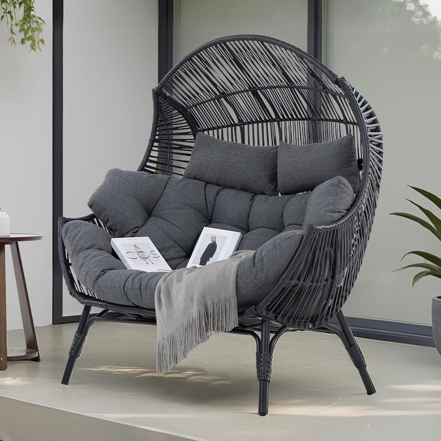 IRONCK Double Egg Chair Outdoor, 2 Person Wicker Lounge Chair, Dark Grey
