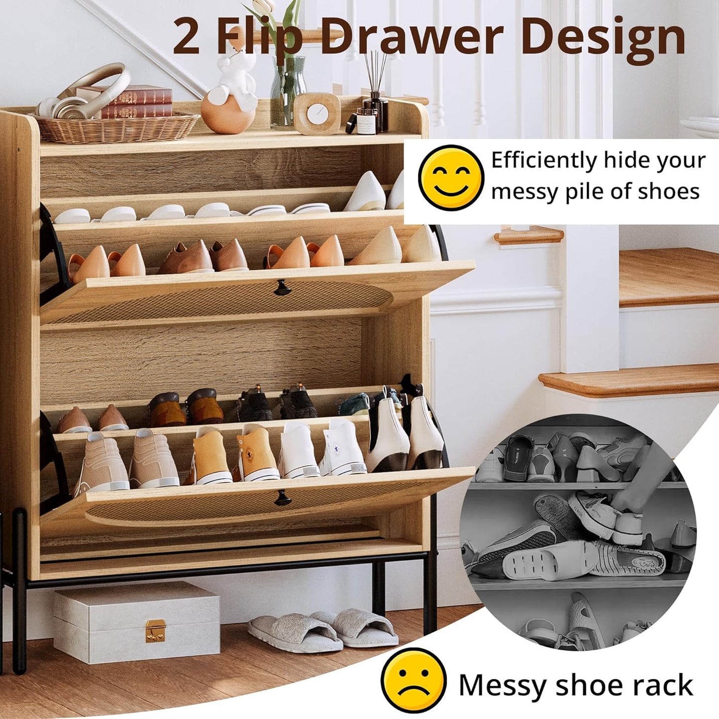 7 Furniture Shoe Cabinet Storage with 2 Flip Drawers, Free Standing Wooden Shoe Storage Organizer Cabinet with Rattan Doors for Entryway, Narrow Shoe Rack Cabinet, Oak