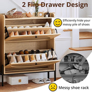 7 Furniture Shoe Cabinet Storage with 2 Flip Drawers, Free Standing Wooden Shoe Storage Organizer Cabinet with Rattan Doors for Entryway, Narrow Shoe Rack Cabinet, Oak