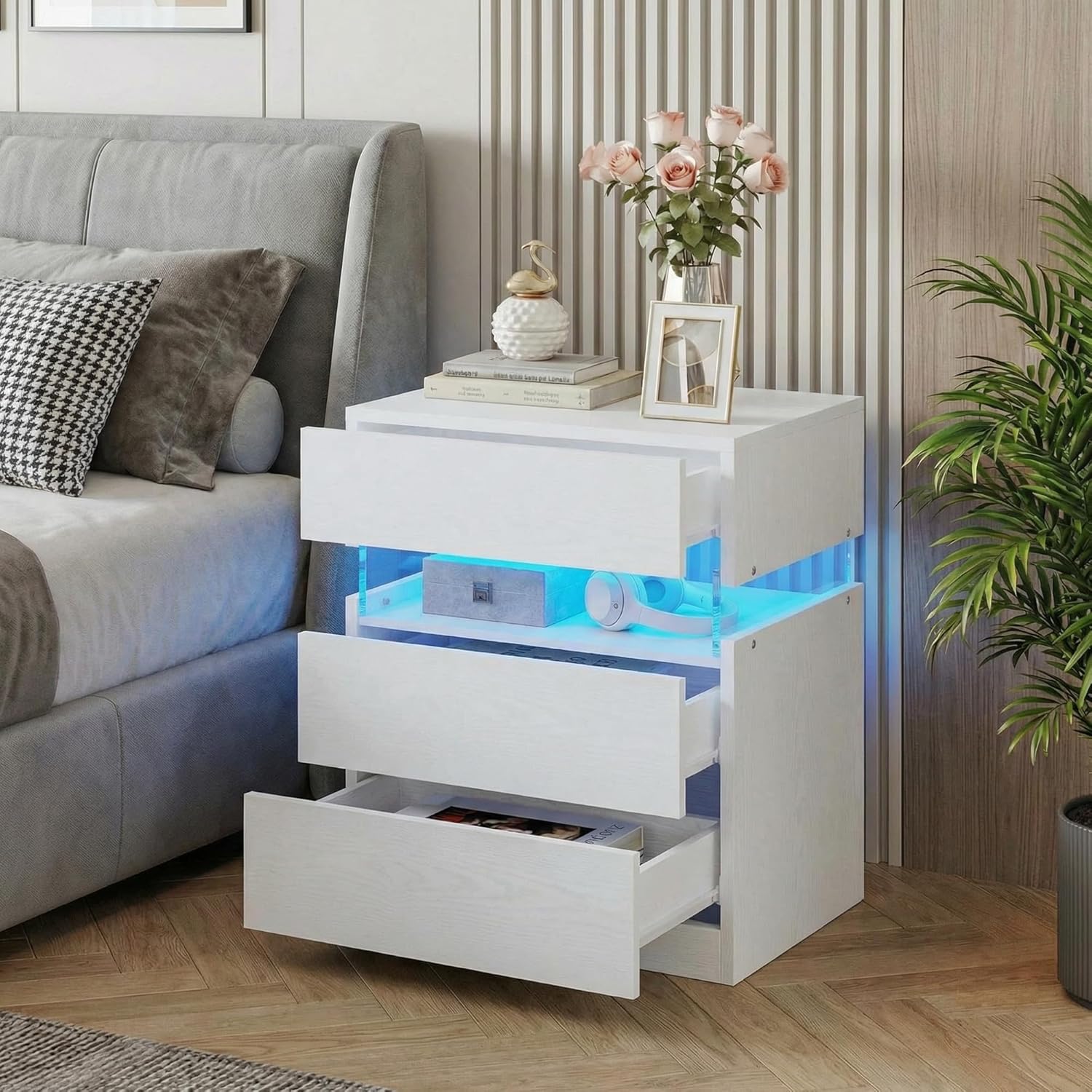 IRONCK Nightstand with 3 Drawers,  LED Light, Storage for Bedroom, Black